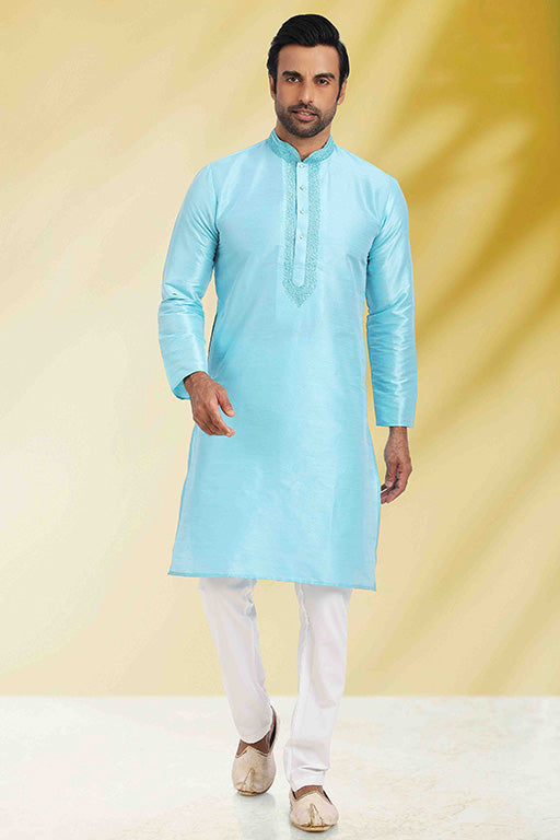Sky Blue Colour Kurta Pajama In Silk VSKP1210253