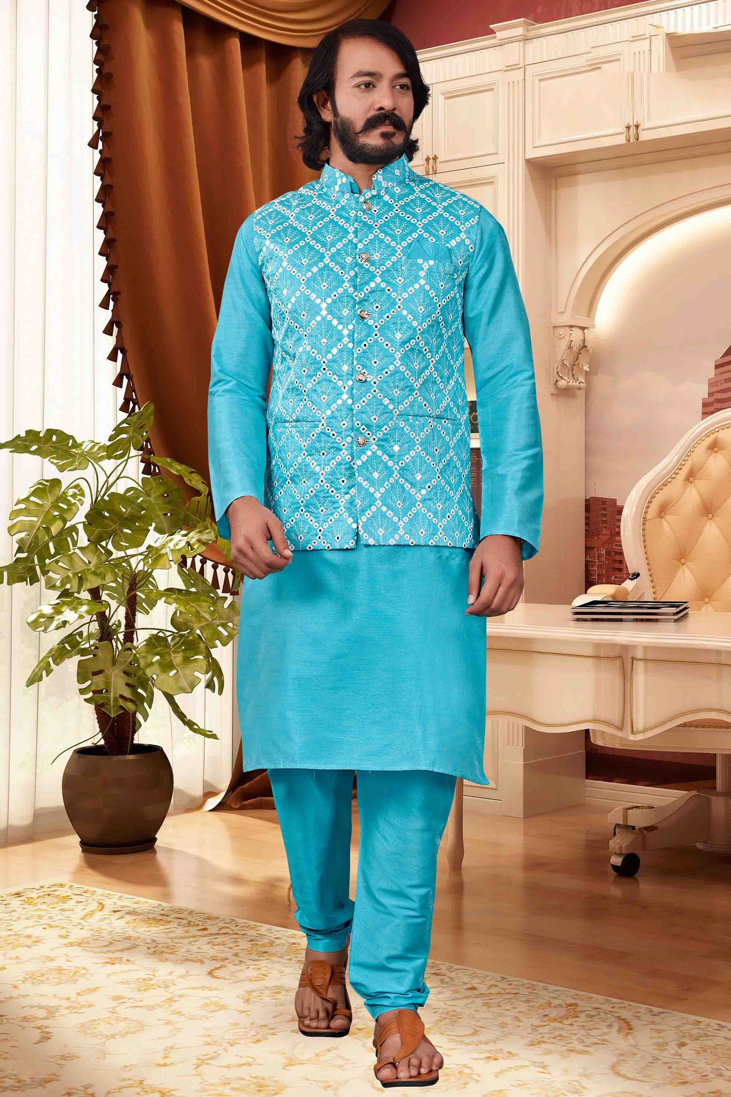 Sky Blue Colour Kurta Pajama With Jacket In Art Silk VSKP1210393