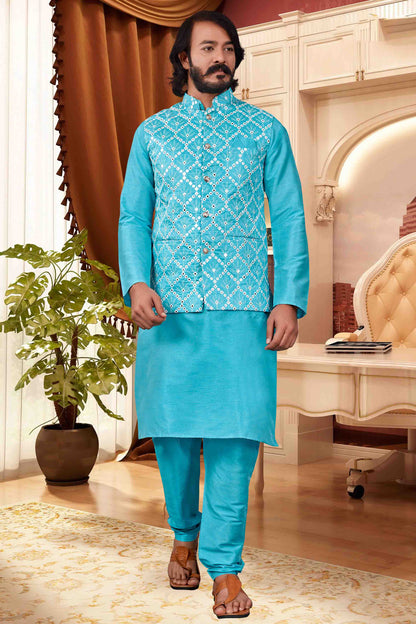 Sky Blue Colour Kurta Pajama With Jacket In Art Silk VSKP1210393