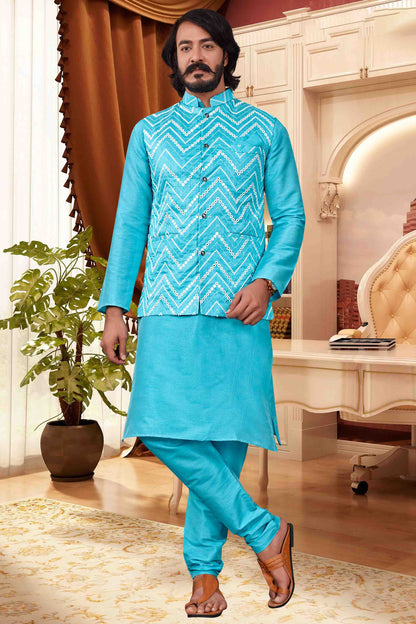 Sky Blue Colour Kurta Pajama With Jacket In Art Silk VSKP1210414