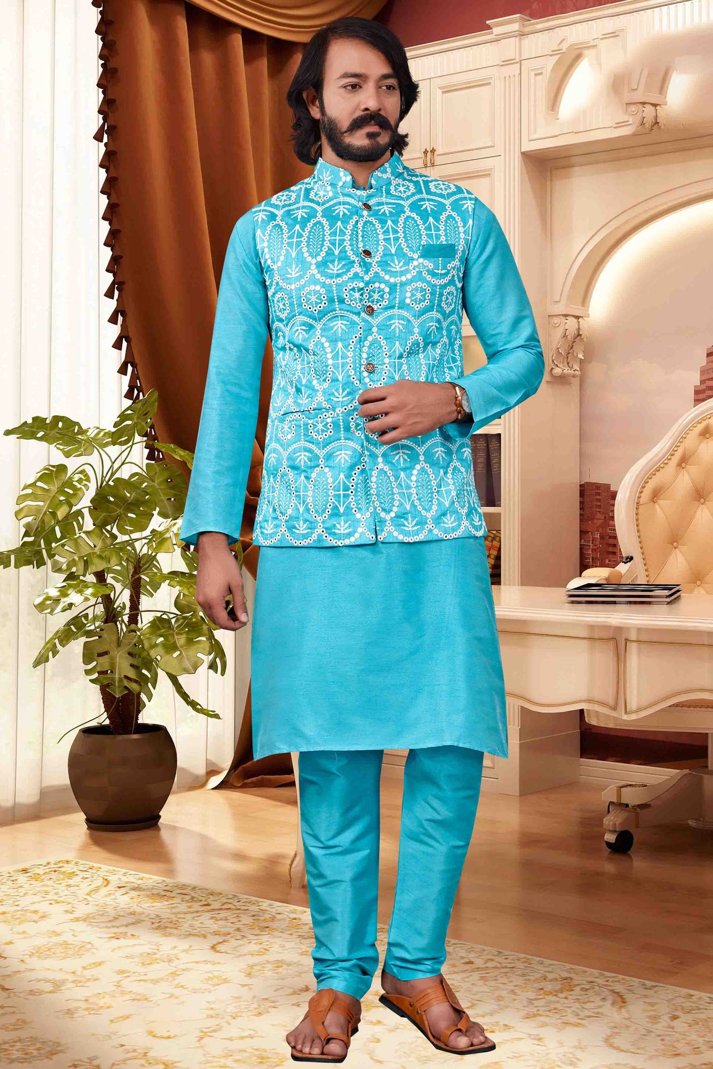 Sky Blue Colour Kurta Pajama With Jacket In Art Silk VSKP1210418