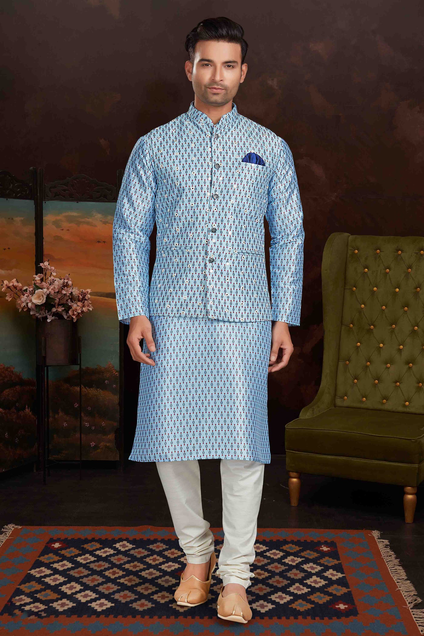 Sky Blue Colour Kurta Pajama With Jacket In Malai Silk VSKP1210436