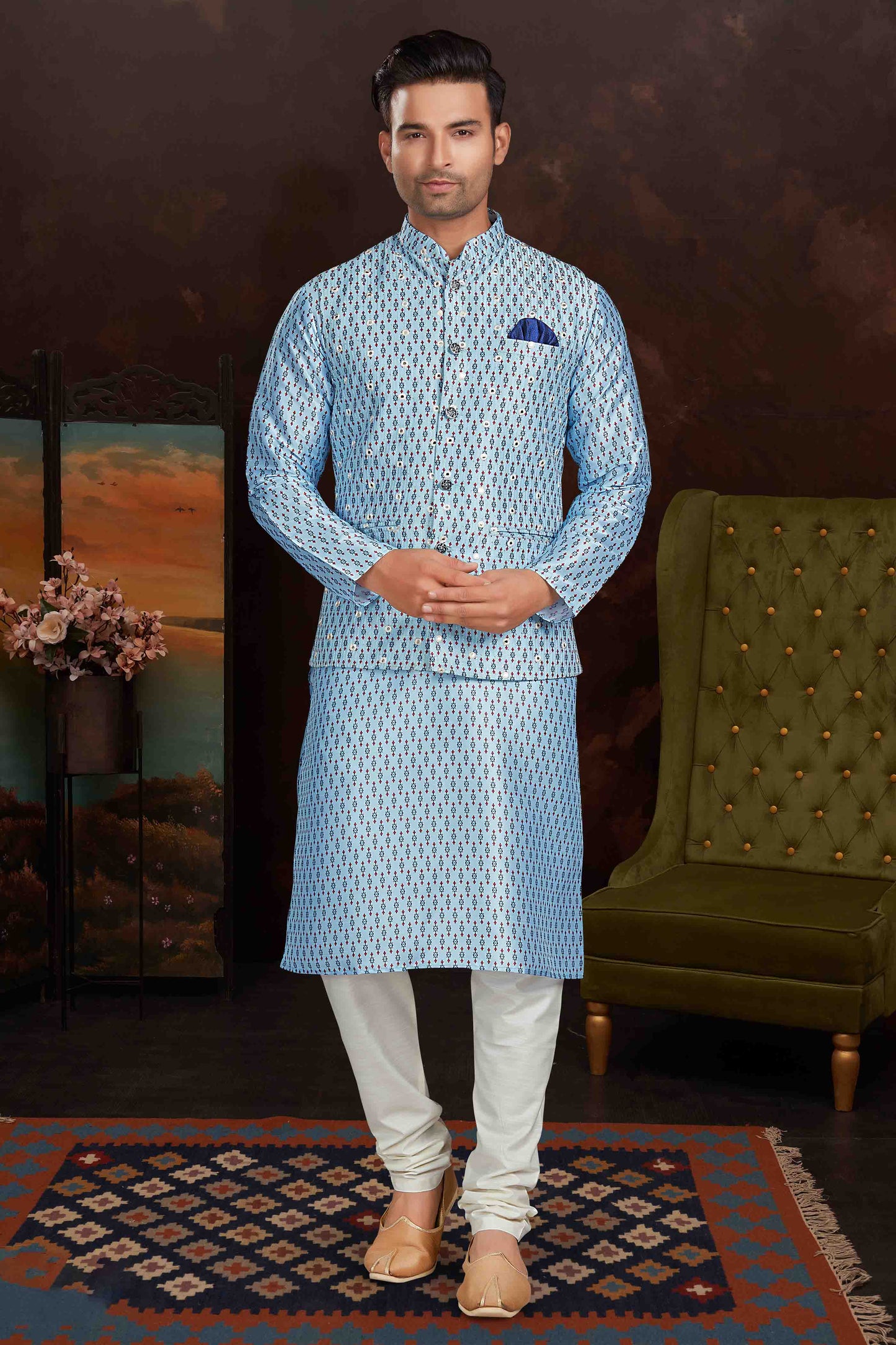 Sky Blue Colour Kurta Pajama With Jacket In Malai Silk VSKP1210436