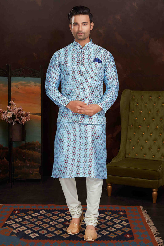 Sky Blue Colour Kurta Pajama With Jacket In Malai Silk VSKP1210436