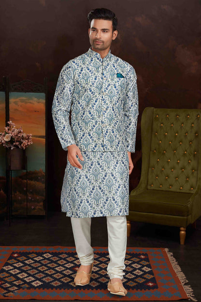 Sky Blue Colour Kurta Pajama With Jacket In Malai Silk VSKP1210439