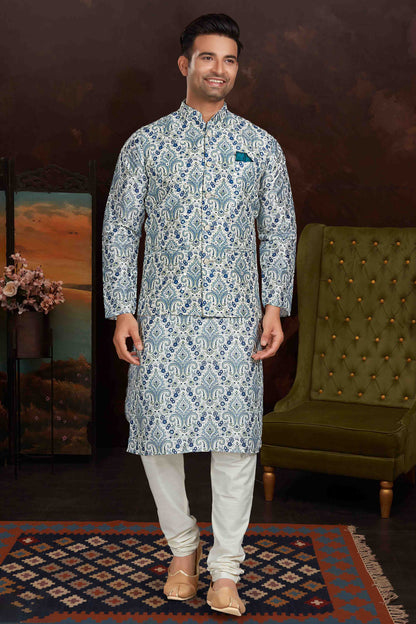 Sky Blue Colour Kurta Pajama With Jacket In Malai Silk VSKP1210439