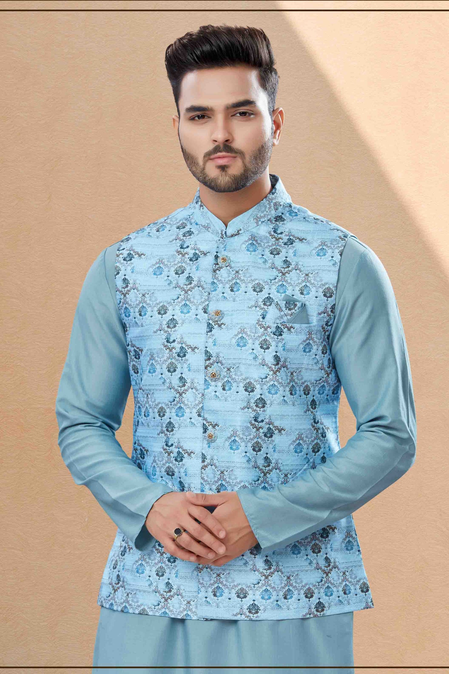 Sky Blue Colour Kurta Pajama With Jacket In Silk Dupion Fabric VSKP1040459
