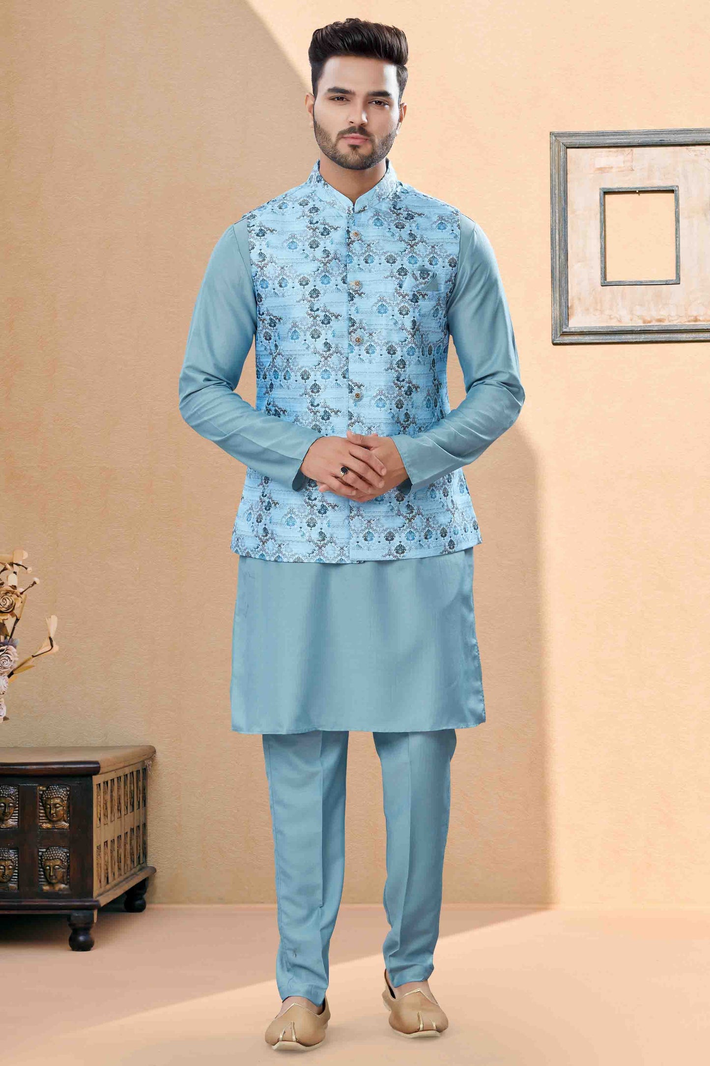 Sky Blue Colour Kurta Pajama With Jacket In Silk Dupion Fabric VSKP1040459