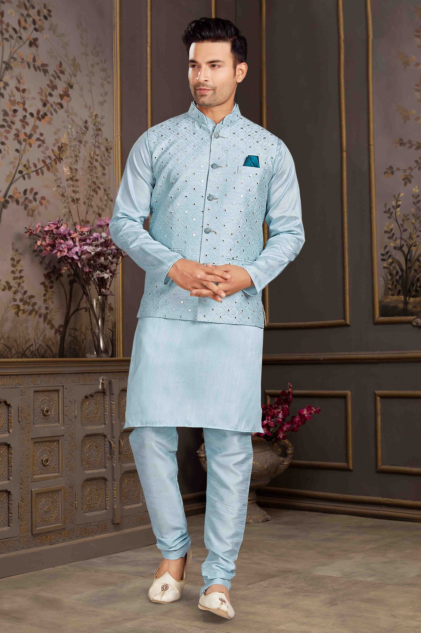 Sky Blue Colour Kurta Pajama With Jacket In Silk Mastani VSKP1210444