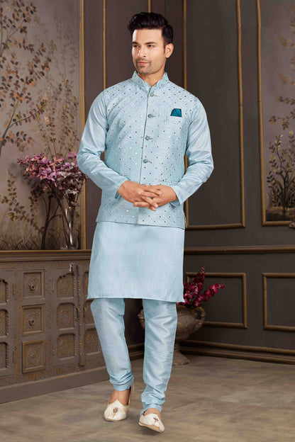 Sky Blue Colour Kurta Pajama With Jacket In Silk Mastani VSKP1210444