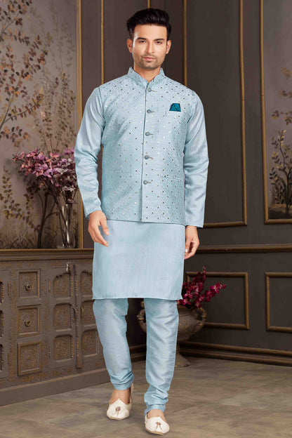 Sky Blue Colour Kurta Pajama With Jacket In Silk Mastani VSKP1210444