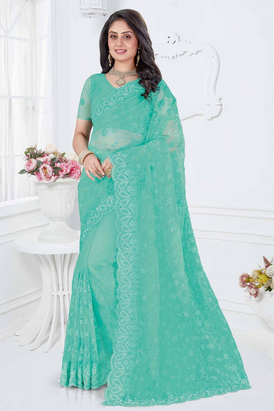 Sky Blue Colour Net Designer Saree VSSD1090346