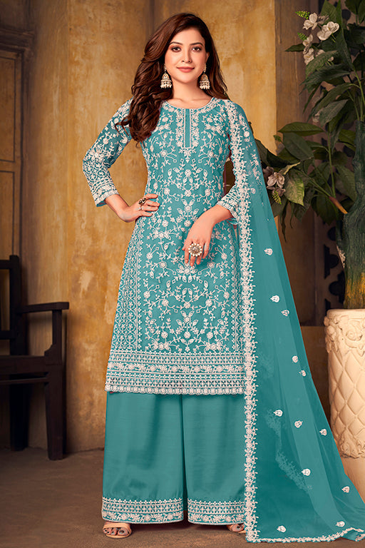 Sky Blue Colour Net Semi Stitched Palazzo Pant Suit VSSM1050325