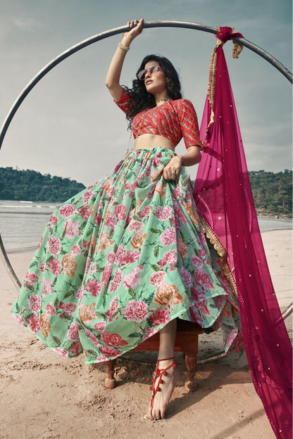 Sky Blue Colour Organza Printed Lehenga Choli VSLC1080627