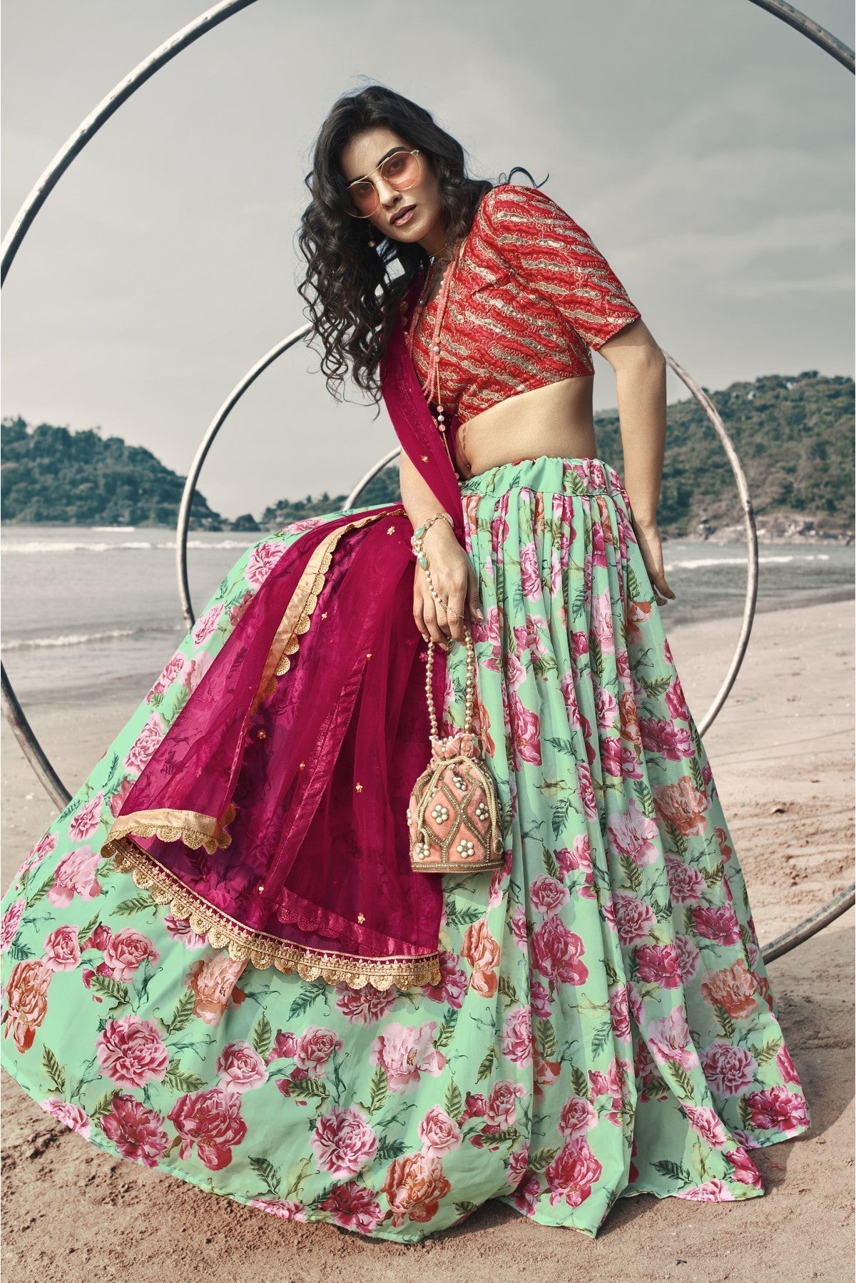 Sky Blue Colour Organza Printed Lehenga Choli VSLC1080627
