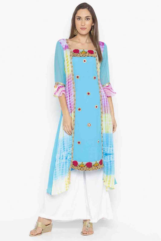Sky Blue Colour Plus Size Georgette Embroidery Kurti