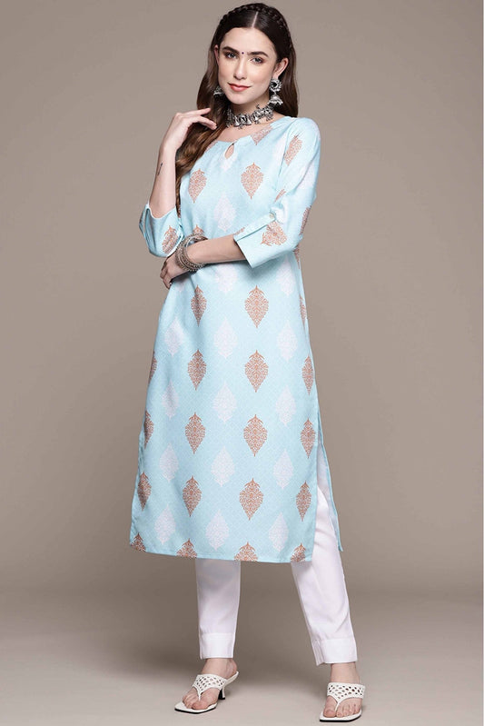 Sky Blue Colour Rayon Printed Kurta With Pant VSKR1060158