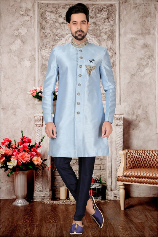 Sky Blue Colour Slub Silk Sherwani VSSH1040309