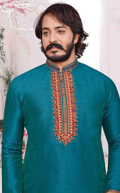 Teal Blue Colour Kurta Pajama In Art Silk VSKP1210095