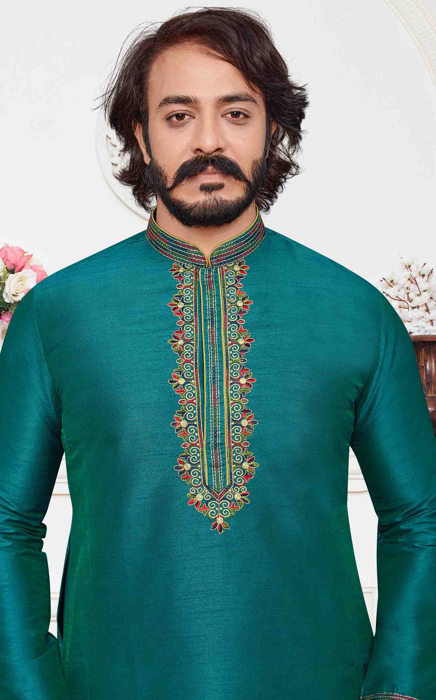 Teal Blue Colour Kurta Pajama In Art Silk VSKP1210105