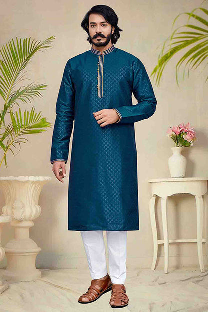 Teal Blue Colour Kurta Pajama In Silk VSKP1210235