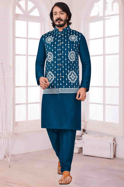 Teal Blue Colour Kurta Pajama With Jacket In Art Silk VSKP1210380