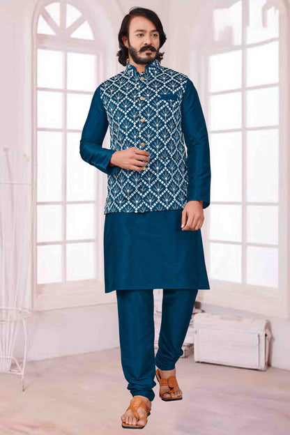 Teal Blue Colour Kurta Pajama With Jacket In Art Silk VSKP1210391