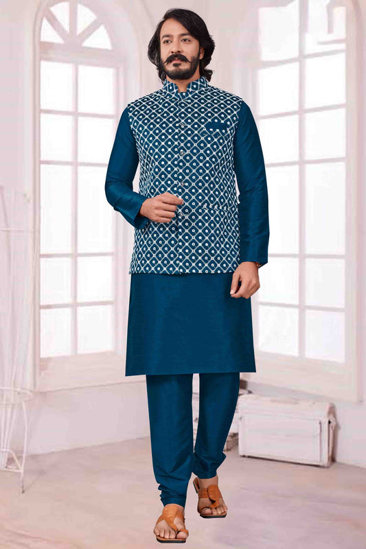 Teal Blue Colour Kurta Pajama With Jacket In Art Silk VSKP1210400