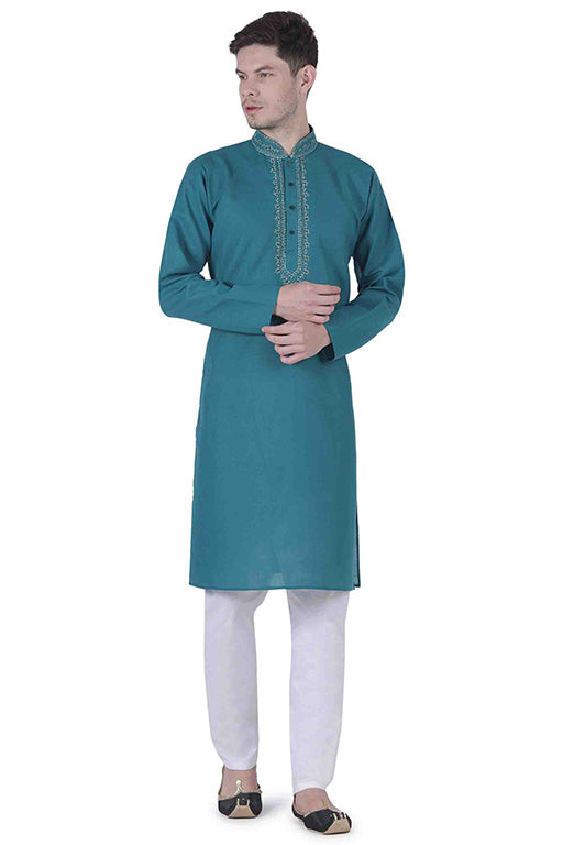 Teal Colour Kurta Pajama In Linen Texture Cotton VSKP1210146
