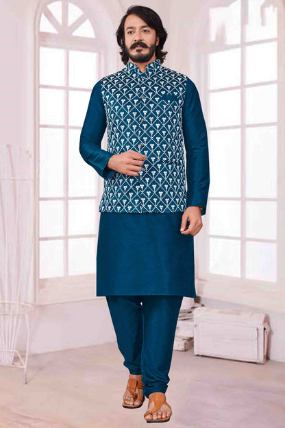 Teal Colour Kurta Pajama With Jacket In Art Silk VSKP1210368