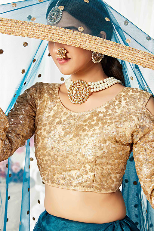 Teal Colour Net Designer Lehenga Choli VSLC1240009