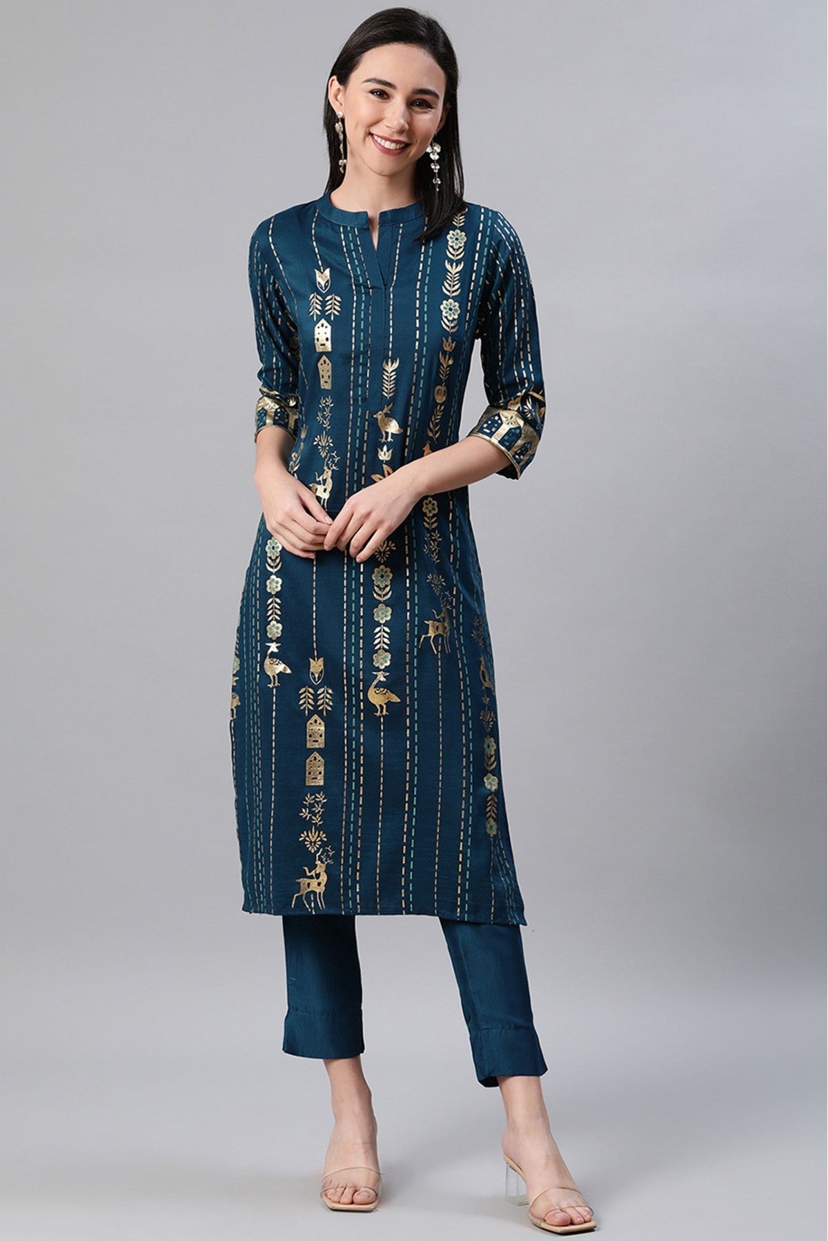 Teal Colour Plus Size Rayon Foil Print Kurti With Pant Set VSKR1060070