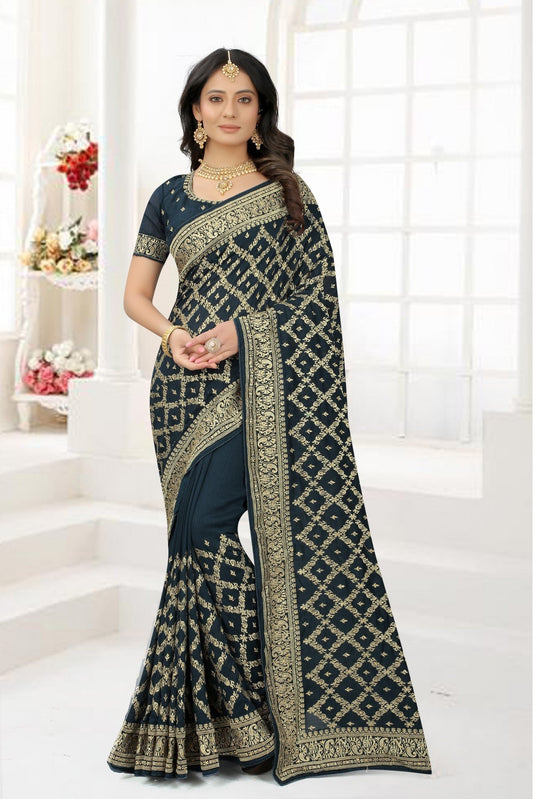 Teal Colour Vichitra Silk Embroidery Saree VSSD1120950