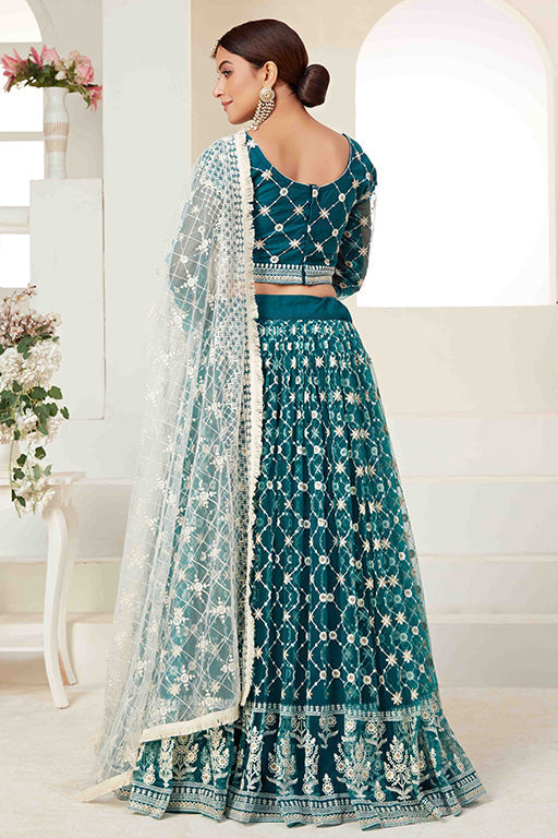Teal Green Colour Net Designer Lehenga Choli VSLC1240020