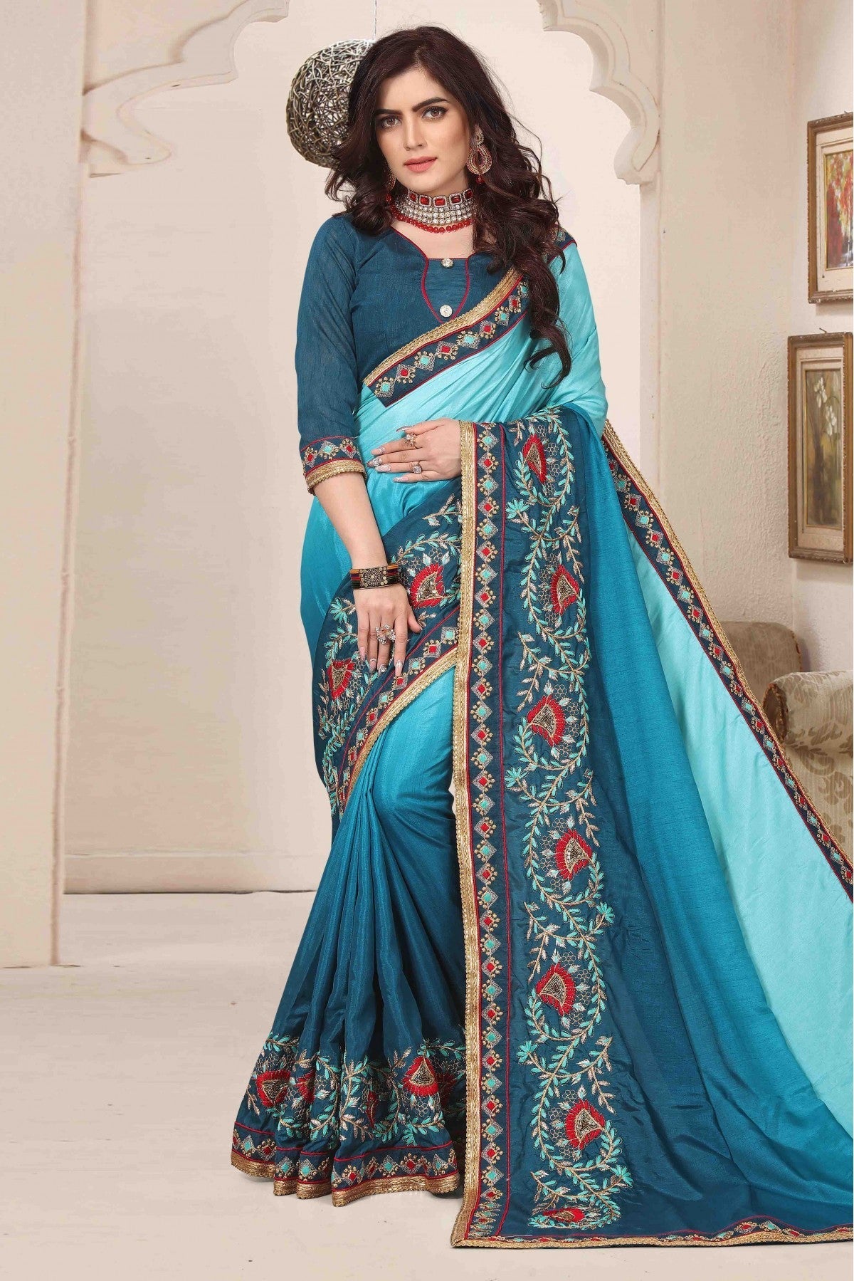 Teal and Blue Colour Dola Silk Designer Saree VSSD1120467
