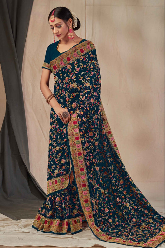 Teal and Blue Colour Georgette Embroidery Saree VSSD1120902