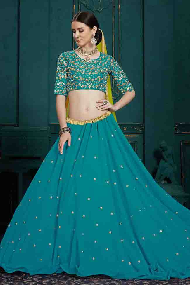 Teal and Blue Colour Georgette Sequins Work Lehenga Choli VSLC1080412