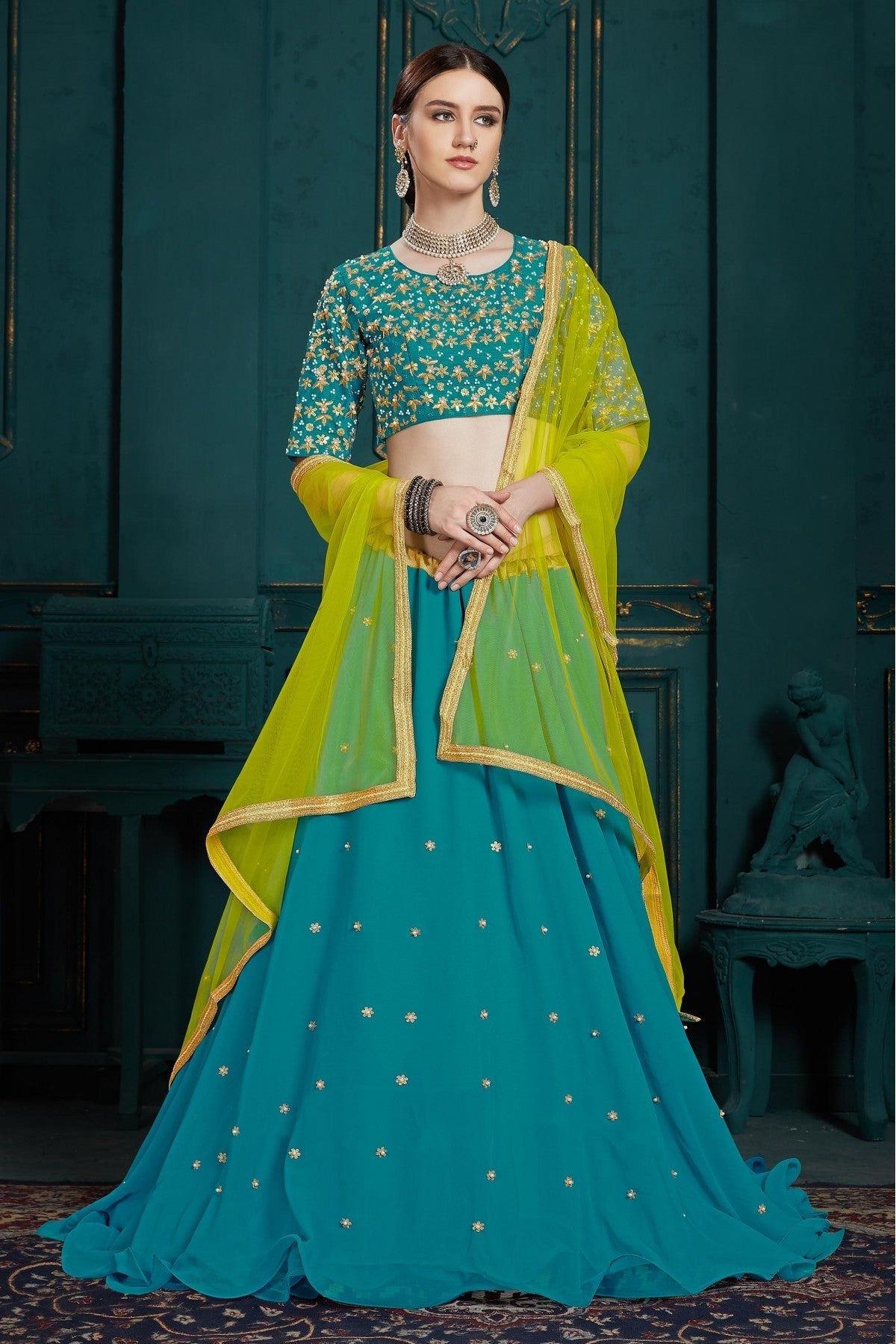 Teal and Blue Colour Georgette Sequins Work Lehenga Choli VSLC1080412