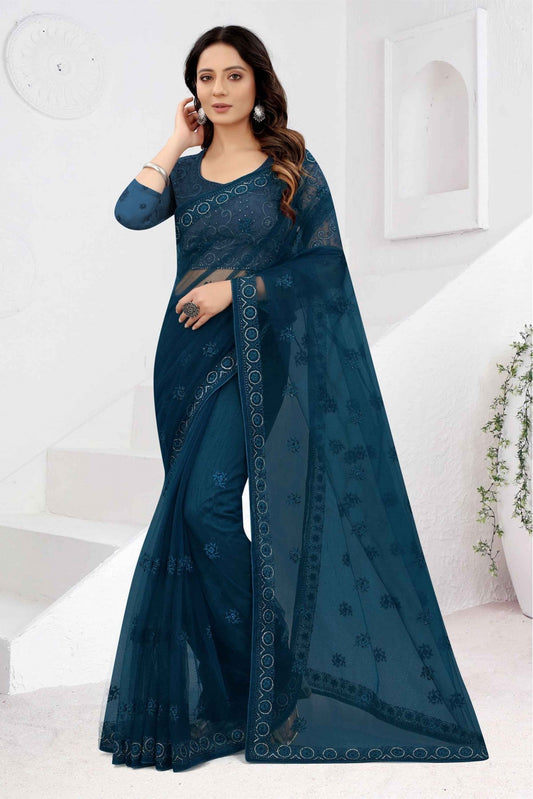 Teal and Blue Colour Net Embroidery Saree VSSD1120876
