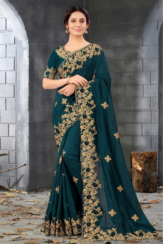 Teal and Blue Colour Silk Embroidery Saree VSSD1120811