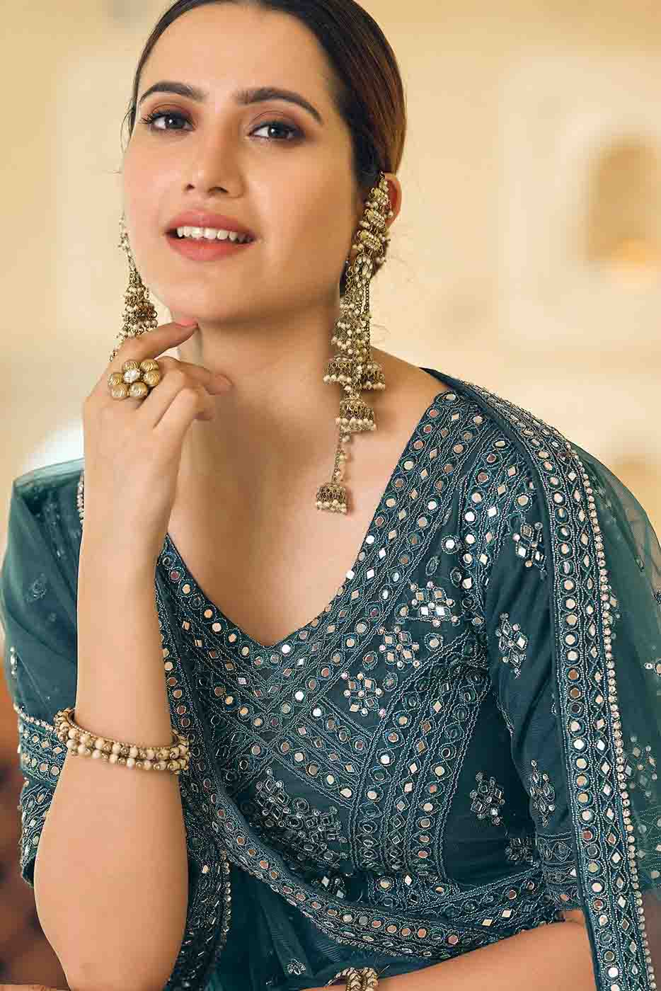Teal and Blue Colour Soft Net Mirror Work Lehenga Choli