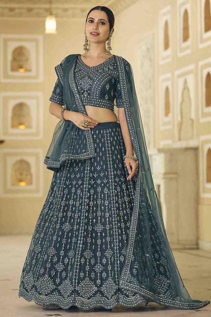 Teal and Blue Colour Soft Net Mirror Work Lehenga Choli