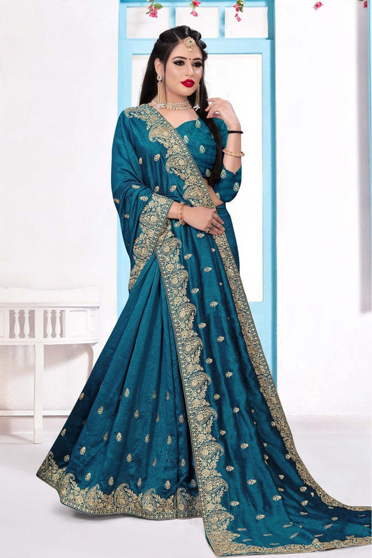 Teal and Blue Colour Vichitra Silk Embroidery Saree VSSD1090148