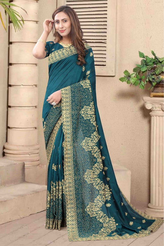 Teal and Blue Colour Vichitra Silk Embroidery Saree VSSD1120681