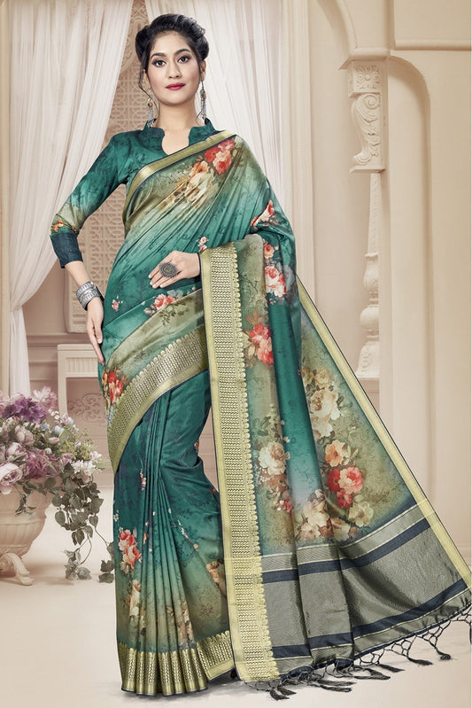 Teal and Green Colour Tussar Silk Printed Saree VSSD1120646