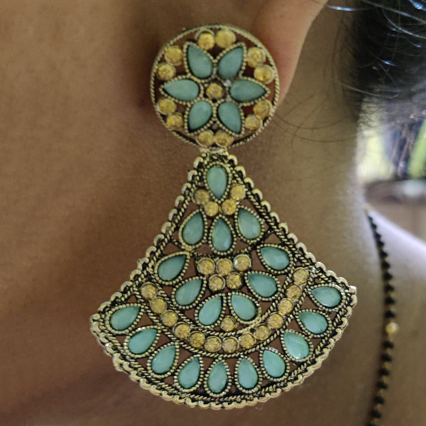 Vastradi Alloy Crystal Fan Stone Work Earring in Aqua Blue Colour VSER1200008