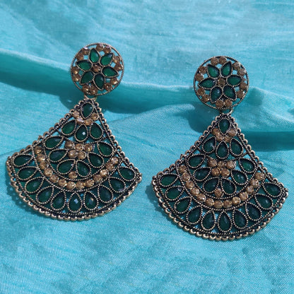 Vastradi Alloy Crystal Fan Stone Work Earring in Green Colour VSER1200009