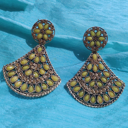 Vastradi Alloy Crystal Fan Stone Work Earring in Yellow Colour VSER1200007