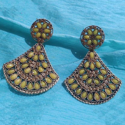 Vastradi Alloy Crystal Fan Stone Work Earring in Yellow Colour VSER1200007
