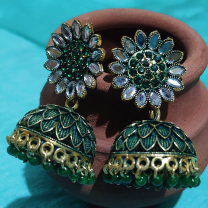 Vastradi Alloy Golden Traditional Jhumka in Green Colour VSER1200046